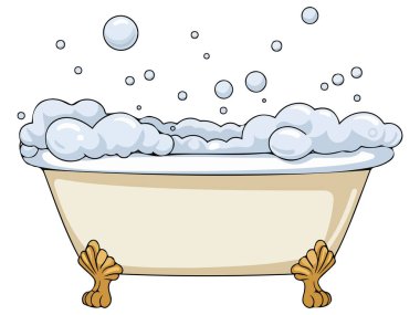 Beyaz arka planda köpük izole vektör illüstrasyonlu küvet