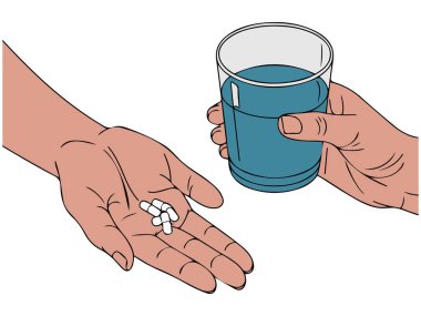 Kadın beyaz arka planda izole edilmiş vektör illüstrasyonu hapı kullanıyor