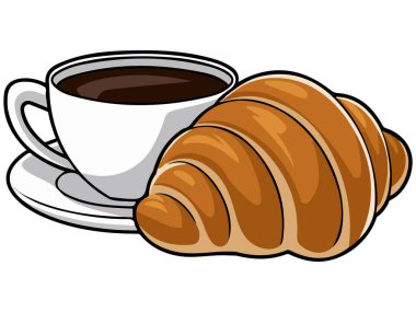 Beyaz arka planda kahve ve kruvasan izole vektör çizimi