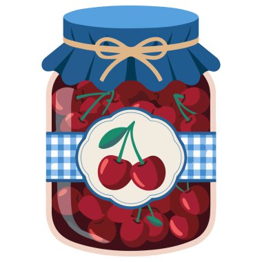 kiraz reçeli kavanozu karikatür biçimi beyaz arkaplanda izole vektör çizimi