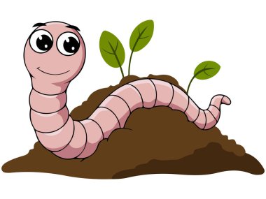 Maskot karikatürü gübreleme sevimli toprak solucanı beyaz arka planda izole vektör çizimi