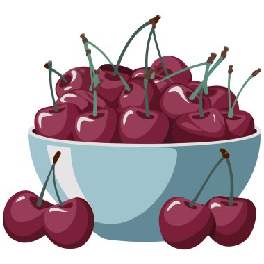 Taze kirazlar mavi kase beyaz arka planda sağlıklı izole edilmiş vektör çizimi