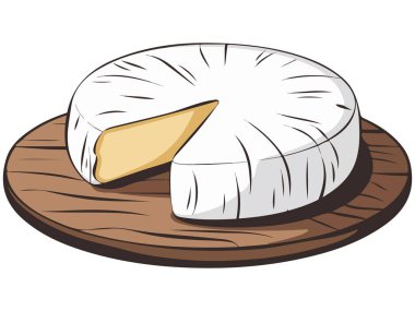 beyaz arkaplanda camembert peyniri blok ahşap tepsi izole vektör çizimi