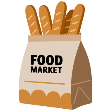 Kağıt torba Fransız baget ekmeği beyaz arkaplanda izole edilmiş vektör çizimi