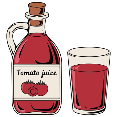 Domates suyu şişesi. Beyaz arka planda izole edilmiş vektör çizimi.