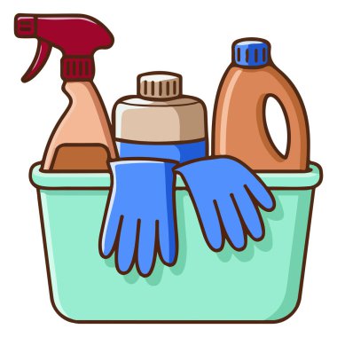 Temizlik malzemeleri kovası beyaz arka planda izole edilmiş vektör çizimleri eldivenleri spreyler