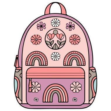 Eski moda sırt çantası hippi stili beyaz arka planda izole edilmiş vektör çizimi