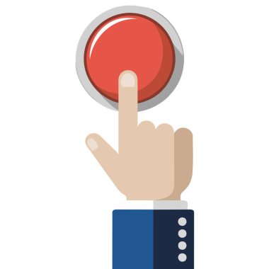 Beyaz arkaplanda el ile izole edilmiş kırmızı uyarı düğmesine bas