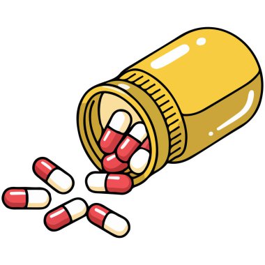 İlaç şişesi dökülen haplar beyaz arka planda izole edilmiş vektör çizimi