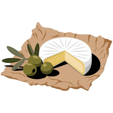 beyaz arkaplanda camembert peyniri kağıt tepsisi izole vektör çizimi