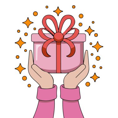 Beyaz arkaplanda el ele tutuşan hediye kutusu mevcut parti izole vektör çizimi