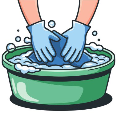 Çamaşır leğeni, çamaşır suyu, beyaz arka planda izole vektör çizimi.