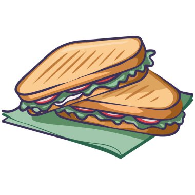 Taze sebzeli üçlü kahvaltı sandviçleri beyaz arka planda izole edilmiş vektör çizimleri.