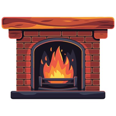 Beyaz zemin üzerinde yanan alevler bulunan taş ve ahşap şömine izole edilmiş vektör çizimi