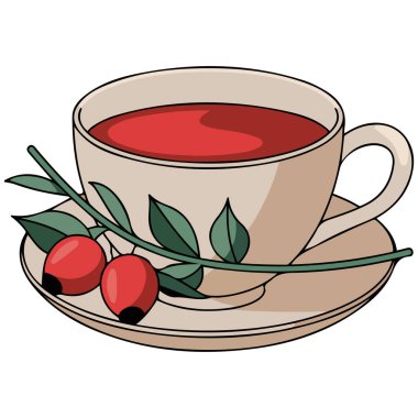 Beyaz fincanda gül suyu bitkisel çayı beyaz arka planda izole edilmiş vektör çizimi