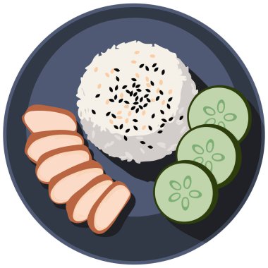 Çorbada buharda pişirilmiş Hainanese tavuğu. Beyaz arka planda izole edilmiş vektör çizimi.