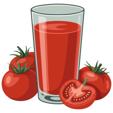 Beyaz arka planda taze meyveli bir bardak domates suyu izole edilmiş vektör çizimi