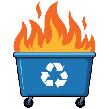 Yanan mavi geri dönüşüm kutusu güvenlik tehlikesi beyaz arkaplanda izole edilmiş vektör çizimi