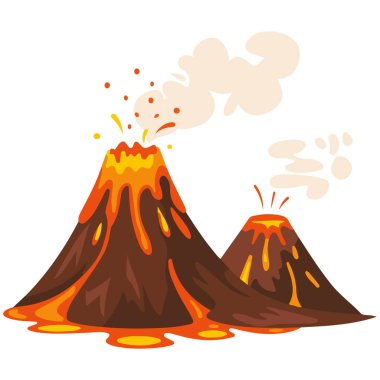 Beyaz arkaplanda izole edilmiş lav akışına sahip duman altı volkan çizimi