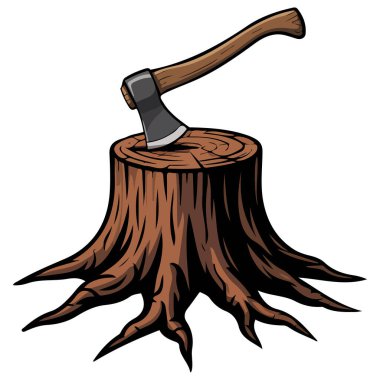 ,Ağaç kütüğündeki oduncu baltası beyaz arkaplanda izole edilmiş vektör çizimi