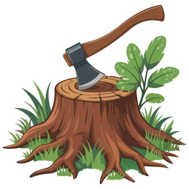 Beyaz arkaplanda izole edilmiş balta ormansızlaştırma kavramı ile kütük