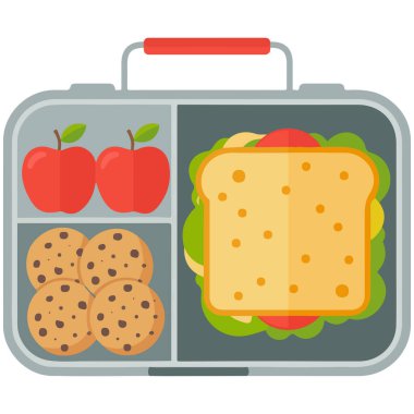 Beyaz arka planda sandviç ve meyve izole vektör illüstrasyonlu okul beslenme çantası