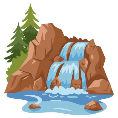 Ağaçlı şelale manzarası beyaz arkaplanda izole edilmiş vektör çizimi