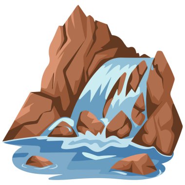 Dağ nehri şelalesi manzarası beyaz arkaplanda izole edilmiş vektör çizimi