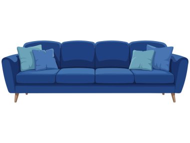 Beyaz arka planda yastıklı lüks mavi kanepe izole edilmiş vektör çizimi