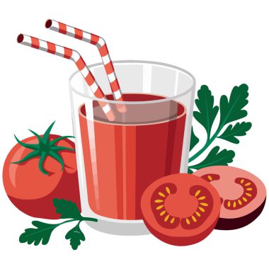 Beyaz arkaplanda bir bardak taze domates suyu izole edilmiş vektör çizimi