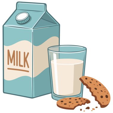 Beyaz arkaplanda süt ve çerez zamanı izole vektör çizimi