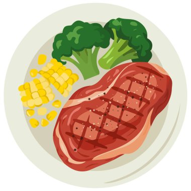 Tabakta ızgara biftek, beyaz arka planda izole vektör çizimi.