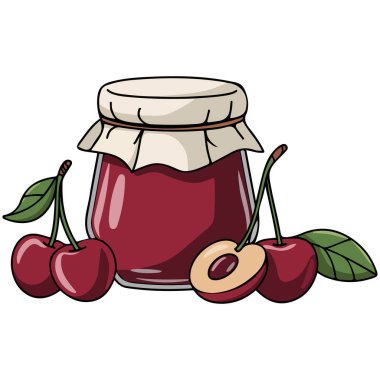 Cherry jam jar with fresh fruit isolated vector illustration on white background