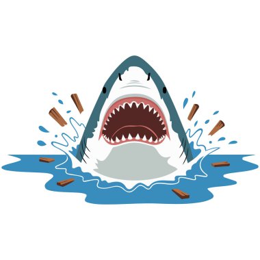 Kızgın köpekbalığı saldırısı açık çene beyaz arkaplan izole vektör illüstrasyon