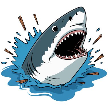 Keskin dişli karikatür köpekbalığı beyaz arka planda izole edilmiş vektör çizimi