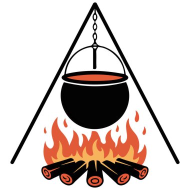 Kamp ateşi üzerine kazan beyaz arka planda izole edilmiş vektör çizimi