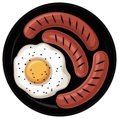 Kızarmış yumurta ve sosisli kahvaltı beyaz arka planda izole edilmiş vektör çizimi