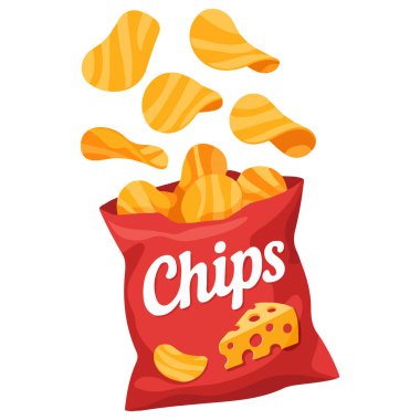 Beyaz arkaplanda patates cipsi paketinin izole edilmiş vektör çizimi