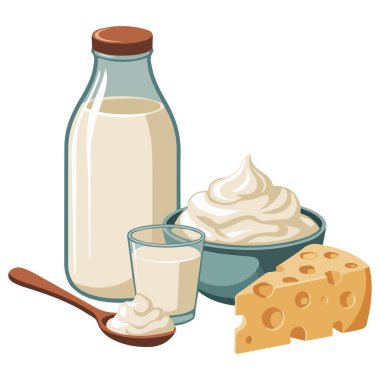 Süt ürünleri süt peyniri beyaz arka planda izole vektör çizimi