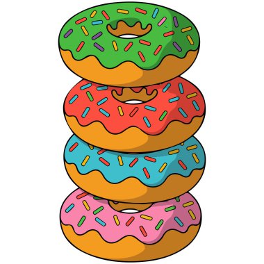 Renkli çörekler beyaz arkaplana izole edilmiş tatlı vektör çizimleri yığar