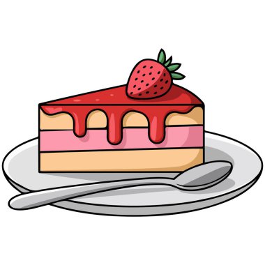 Çilekli kek dilimi beyaz arka planda izole edilmiş tatlı vektör çizimi