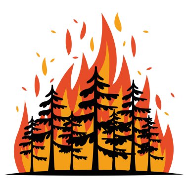 Orman yangını yanan ağaçlar beyaz arka planda izole edilmiş vektör çizimi