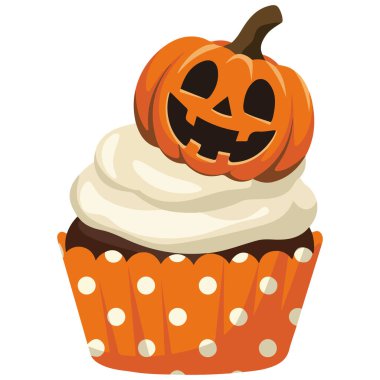 Gülen Cadılar Bayramı kabaklı kek beyaz arkaplanda izole edilmiş vektör çizimi