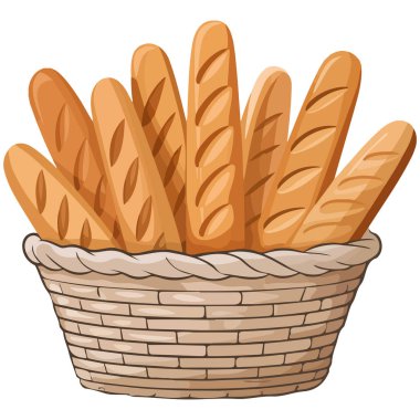 Beyaz arkaplanda taze pişmiş ekmek çubukları sepeti izole edilmiş vektör çizimi