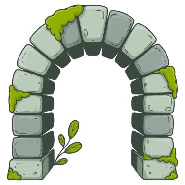 Taş kale kemer kapısı beyaz arka planda yosun çim çizgi film stili izole edilmiş vektör çizimi