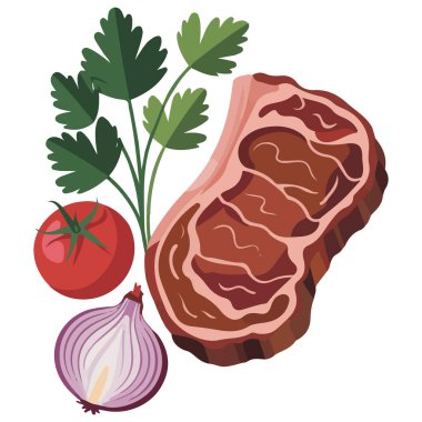 Çizgi filmdeki biftekler soğan domatesleri ızgara yiyecek izole edilmiş beyaz arkaplan çizimleri.