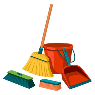 Beyaz arka planda ev işi süpürge temizlik araçları faraş izole vektör illüstrasyonu