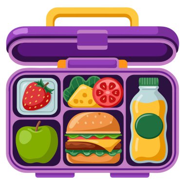 Okulun öğle yemeği açık beslenme çantası sağlıklı hamburger, elma suyu beyaz arka planda izole edilmiş vektör çizimi.