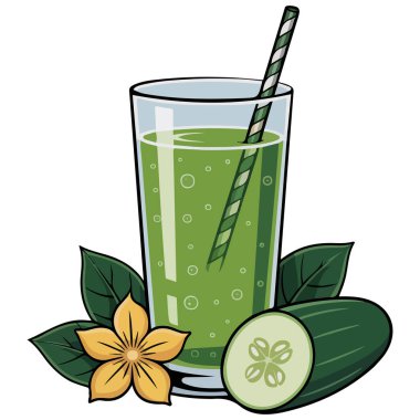 Taze yeşil salatalık suyu, cam, kilo kaybı, diyet, beyaz arka planda izole edilmiş vektör çizimi.