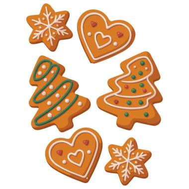 Beyaz arkaplanda kışın ev yapımı zencefilli kurabiyeler çeşitli şekillerde izole edilmiş vektör çizimleri